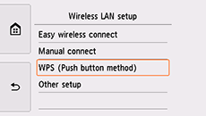 Wireless LAN setup screen: Select WPS (Push button method)